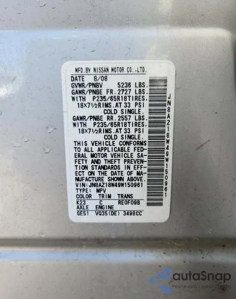 2009 Nissan Murano S from USA, damaged, VIN JN8AZ18W49W150961